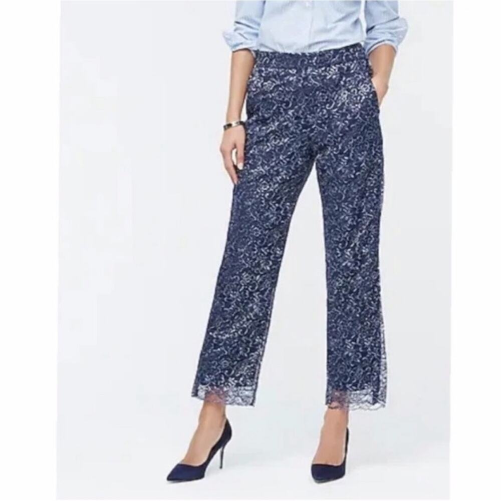 J.Crew Pants Womens 2 Blue Peyton Wide Leg Metallic Lace Pull On High Rise Party